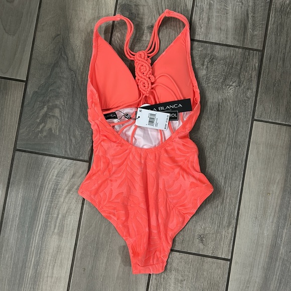 La Blanca Women's Multi Strap Cross Back One Piece Swimsuit Coral/Island Palm - Picture 4 of 5